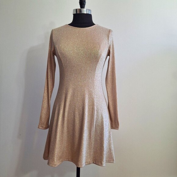 Forever 21 Peach Metallic Skater Dress Sz M Fit N Flare Long Sleeves Round Neck - Picture 1 of 16